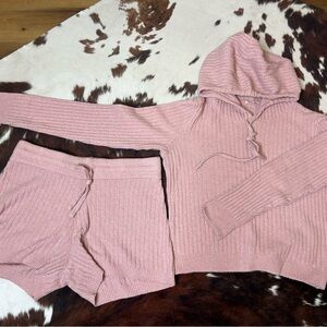 Pink Knit Hoodie and Shorts Set